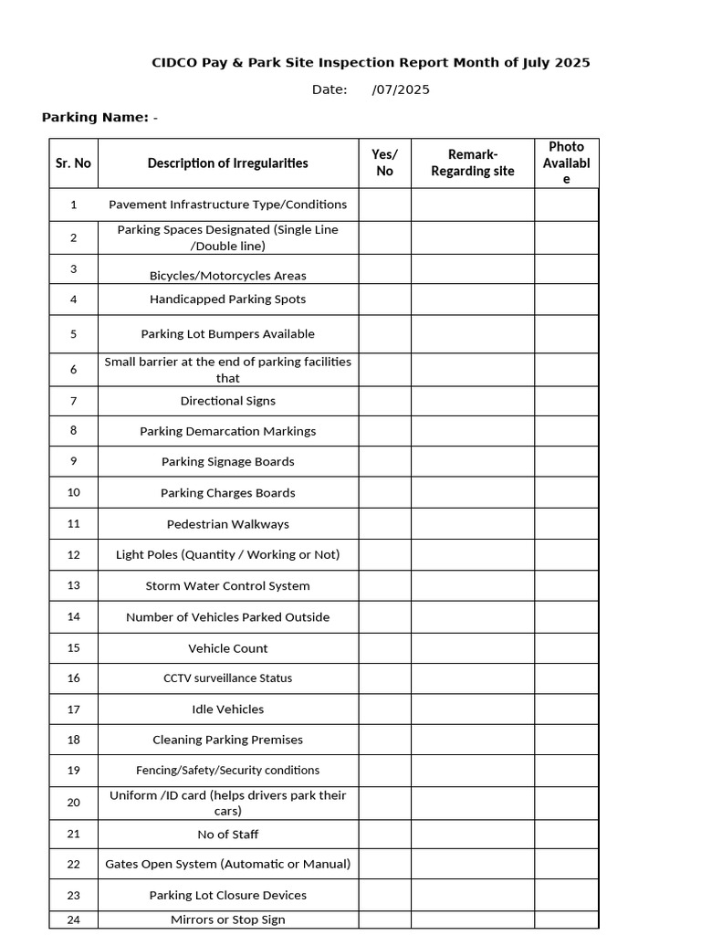 CIDCO Pay & Park July 2025 Inspection Report | PDF