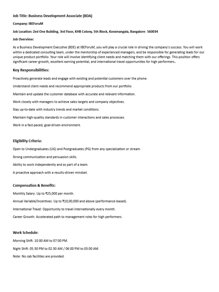 BDA Role at IBEForuM: Incentives & Growth | PDF