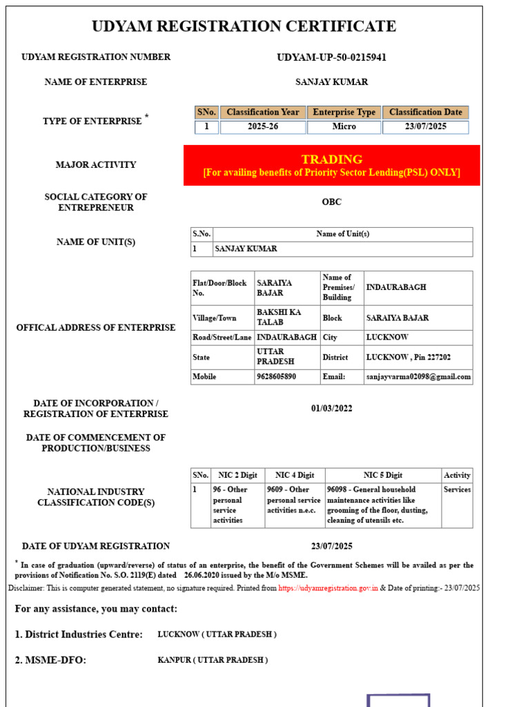 UDYAM Registration Certificate for Sanjay Kumar | PDF