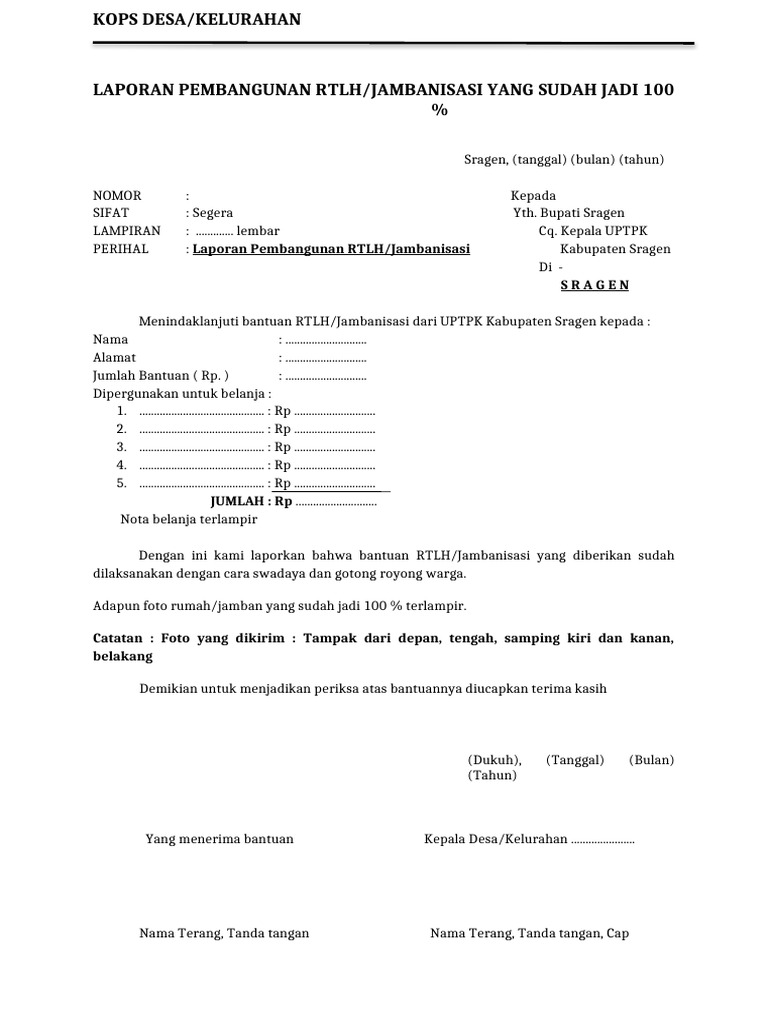Contoh Laporan RTLH Selesai 100 % | PDF