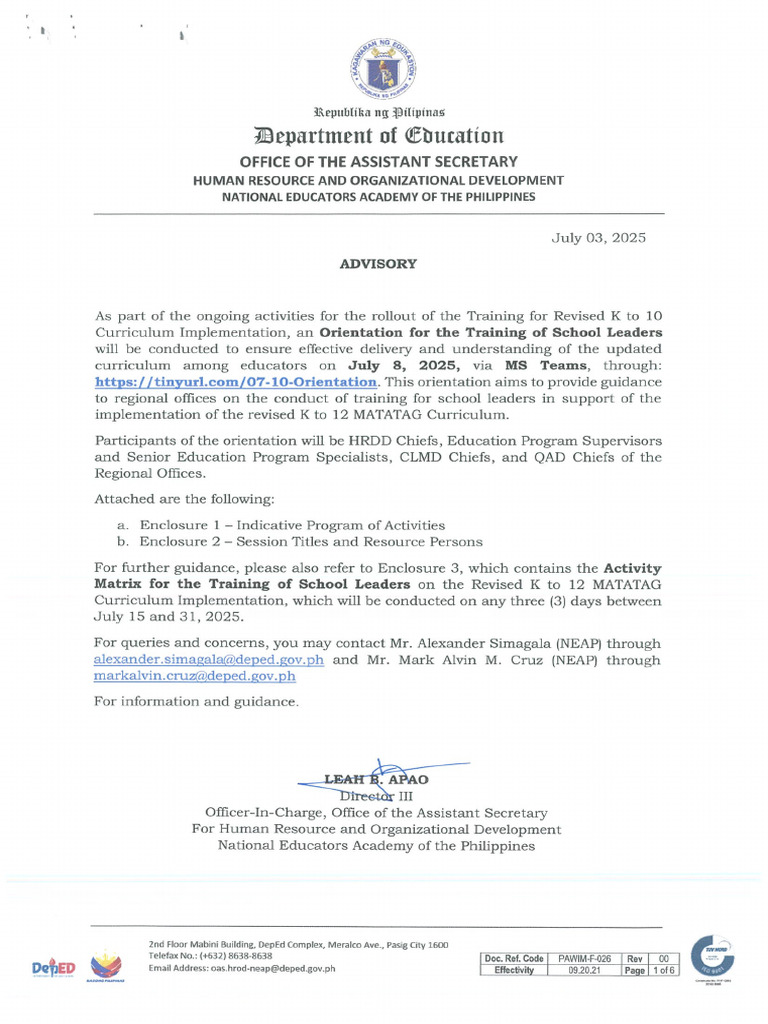 ADVISORY Orientation For The Training of School Leaders On The RKto12 ...