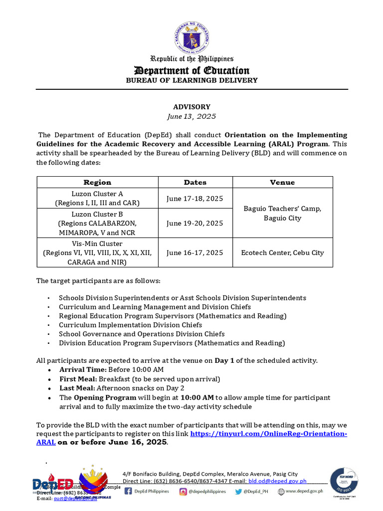 ARAL Program Orientation Advisory | PDF