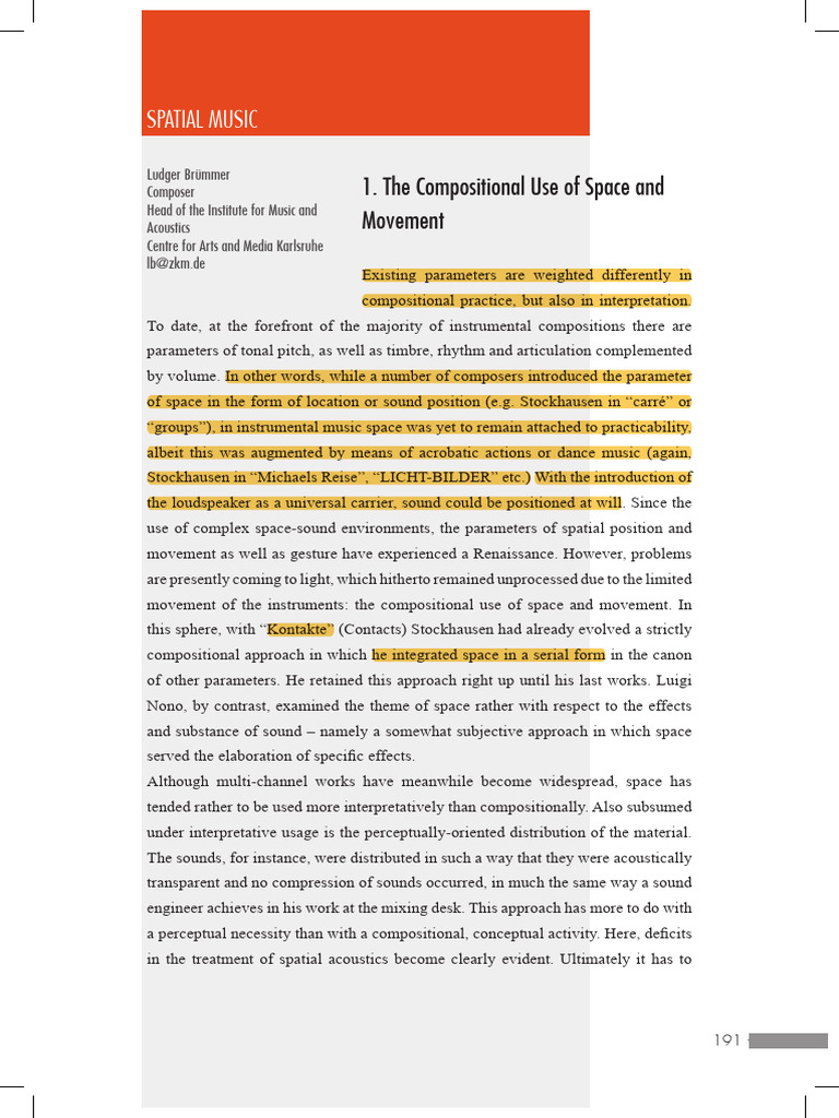 Compositional Strategies in Spatial Music | PDF | Perception | Sound