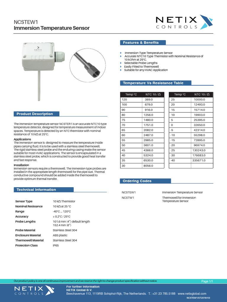 Immersion NTC Temperature Sensor NCSTER1 | PDF | Thermodynamics ...