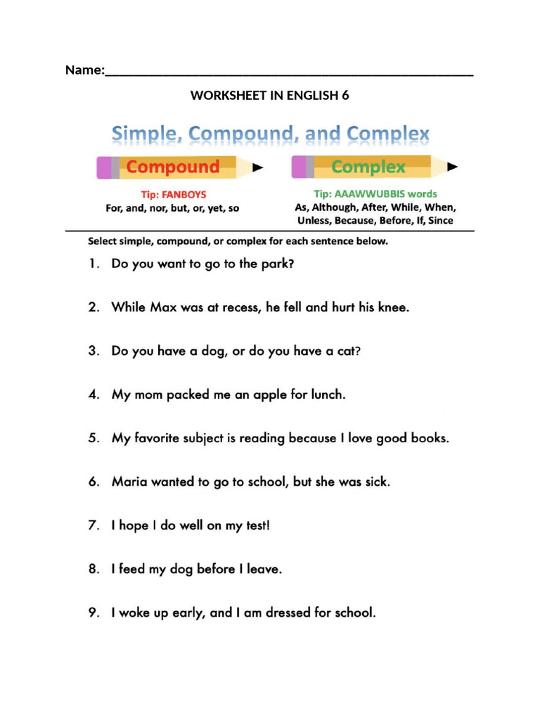 Worksheet Eng Simple, Com, Sentence Fil Opinyon | PDF