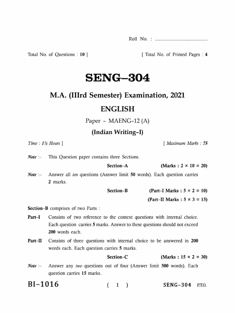 Ma 3 Sem English Indian Writing 1 Seng 304 2021 | PDF