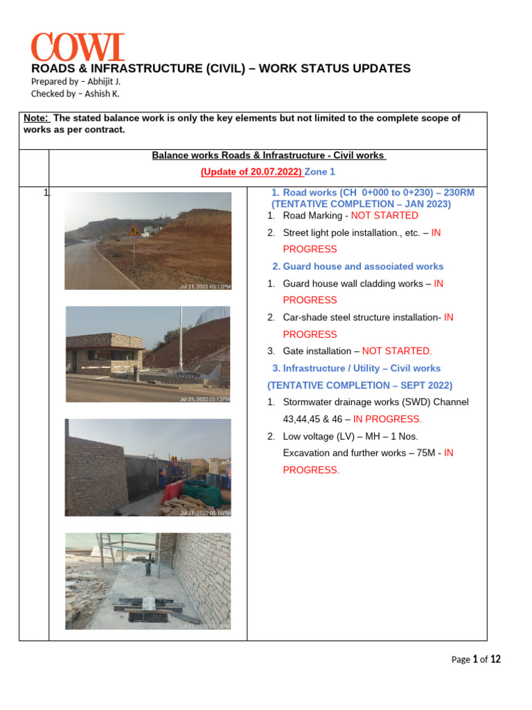 Civil Works Status Update: Roads & Infrastructure | PDF | Water ...