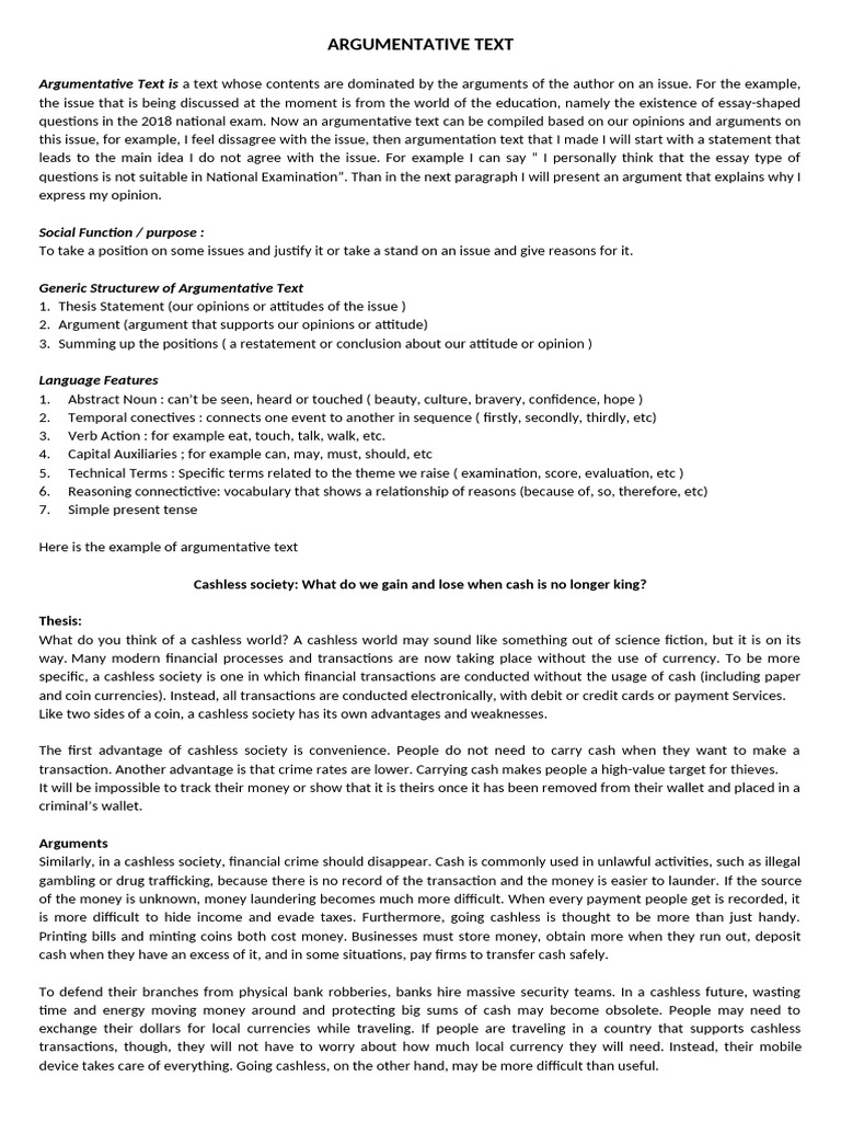 Argumentative Text on Cashless Society | PDF | Cash | Money