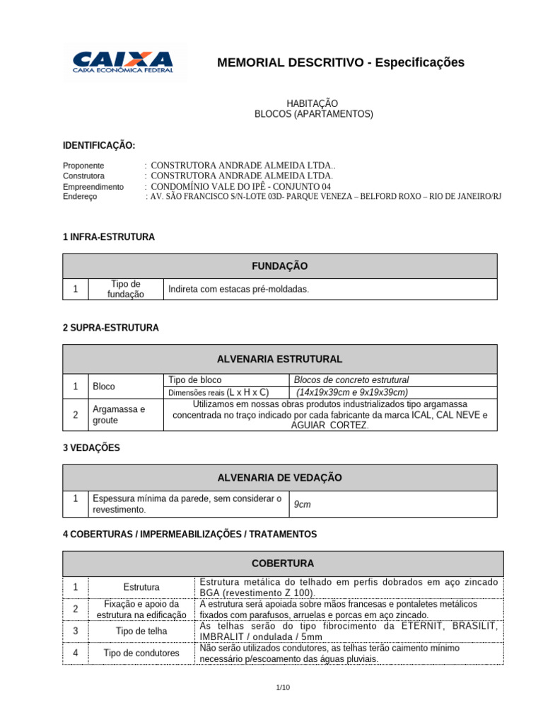 Memorial Descritivo de Habitação - Vale do Ipê | PDF | Argamassa ...