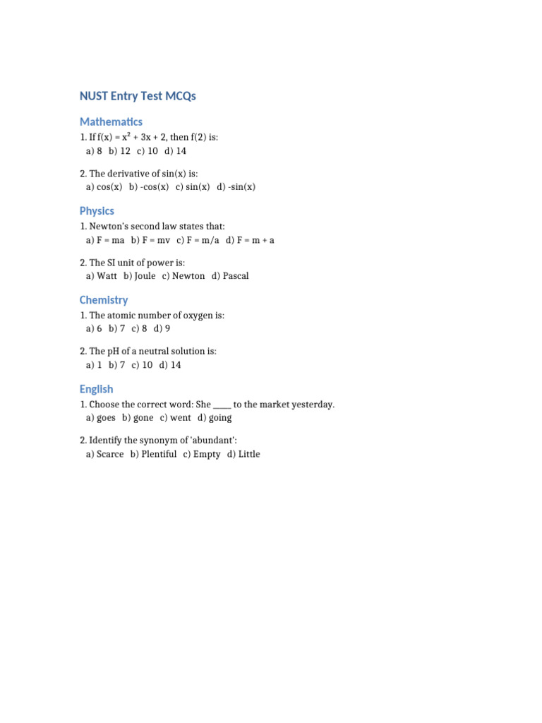 NUST Entry Test MCQs Overview | PDF