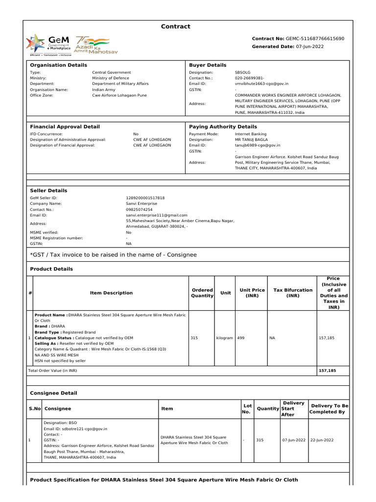 Indian Army Contract for Wire Mesh Supply | PDF | Contractual Term ...