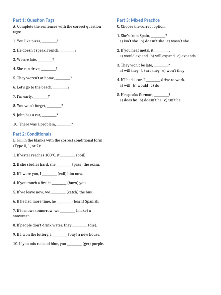 Question Tags and Conditionals Worksheet | PDF