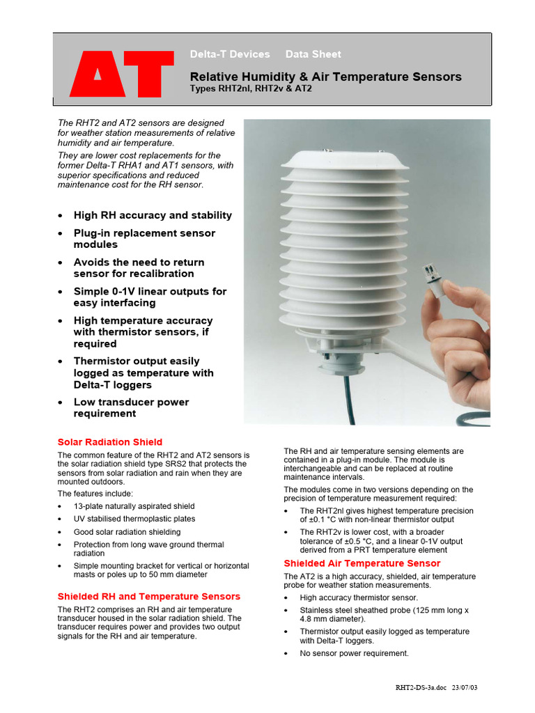 Delta-T RHT2 & AT2 Humidity Sensors | PDF | Sensor | Radiation