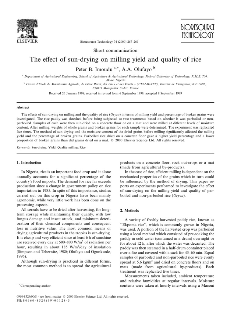 The e Ect of Sun-Drying On Milling Yield and Quality of Rice | PDF ...