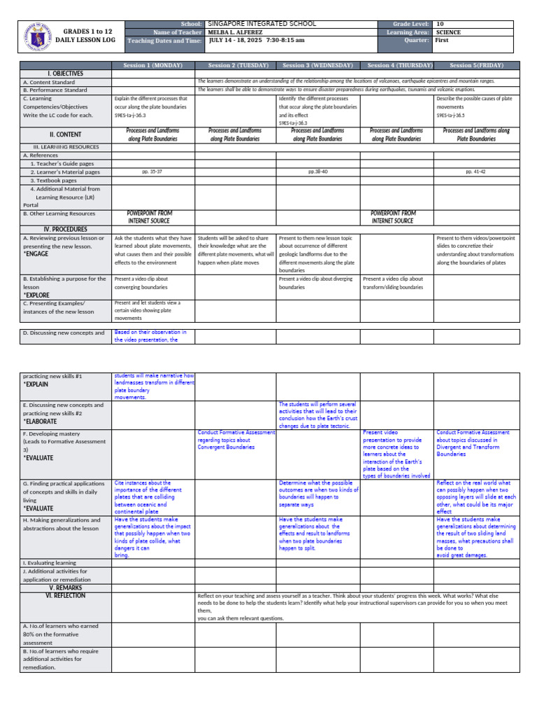 Grade 10 Science Daily Lesson Log | PDF | Plate Tectonics | Learning