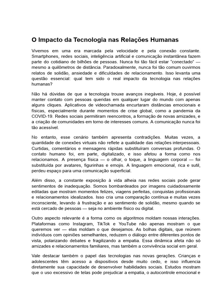 Impacto da Tecnologia nas Relações Humanas | PDF | Comunicação | Empatia