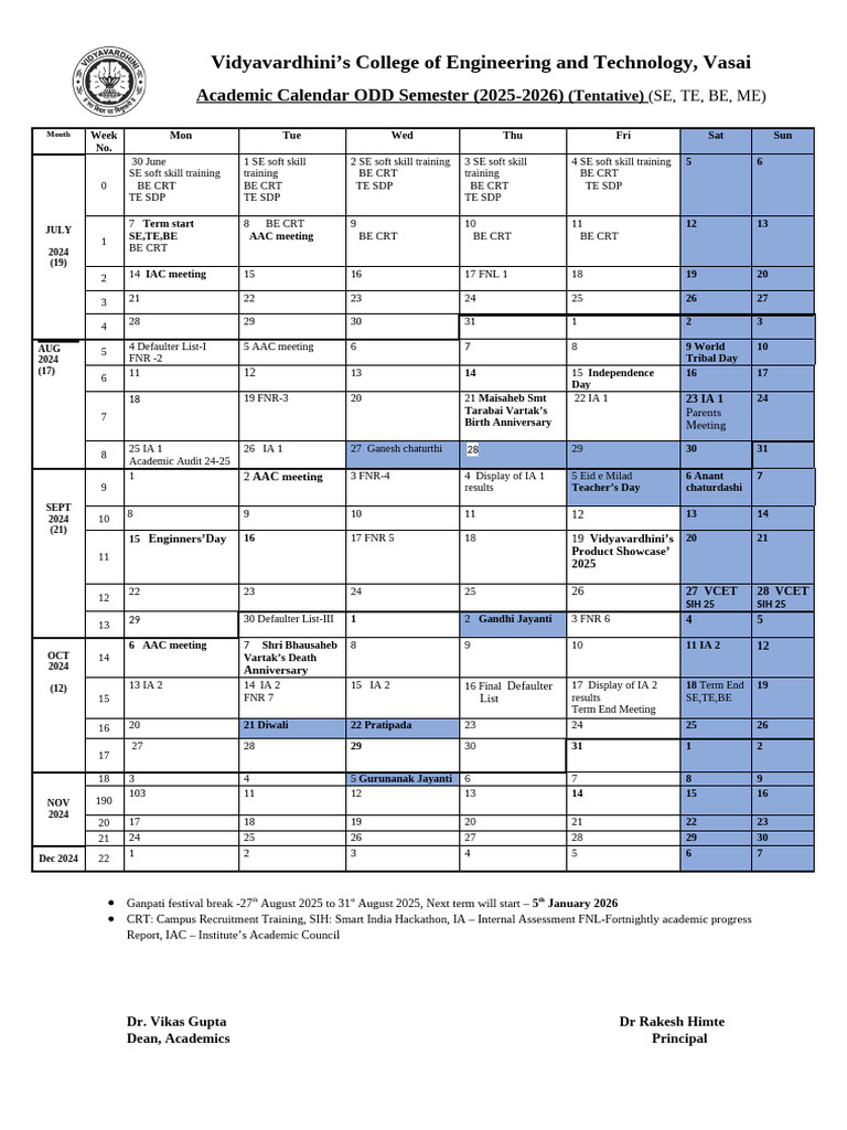 Odd Semester Academic Calendar 2025-26 | PDF
