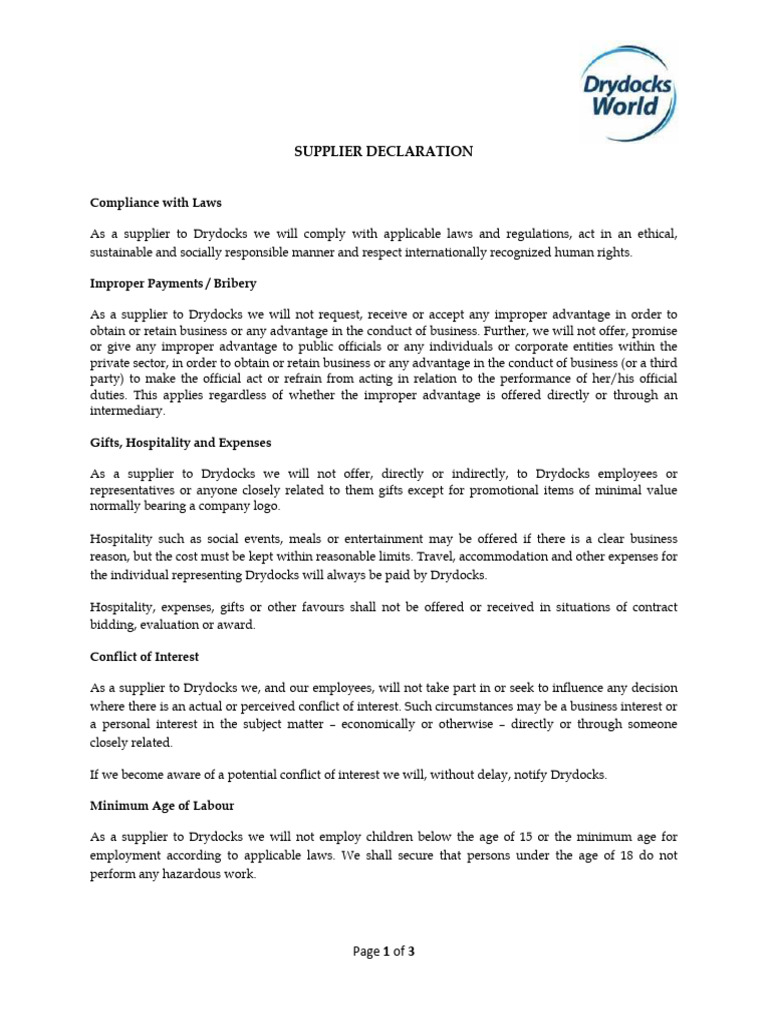 Supplier Compliance Declaration Template | PDF | Employment | Labour Law