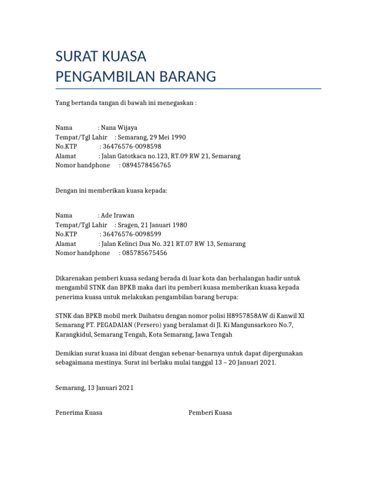 Surat Kuasa Pengambilan Barang | PDF