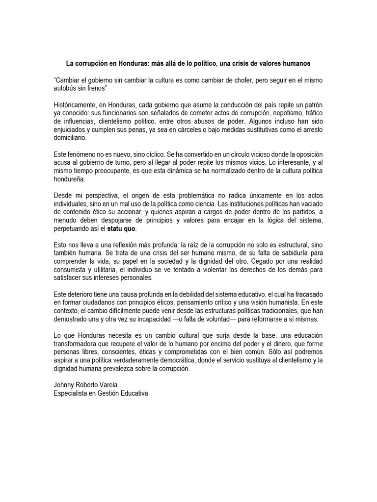 La Corrupción en Honduras JRVB 5 de Abril de 2024 | PDF | Corrupción ...