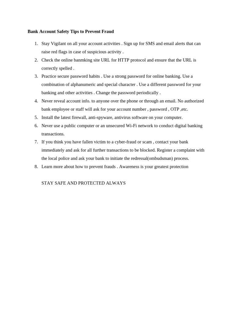 Bank Account Safety Tips To Prevent Fraud 2 | PDF | Fraud | Password