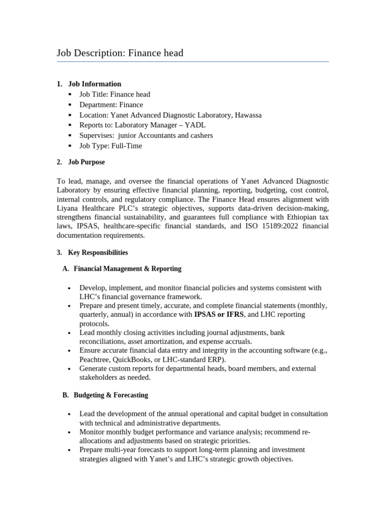 Finance Head Job Description at YADL | PDF | Regulatory Compliance | Budget