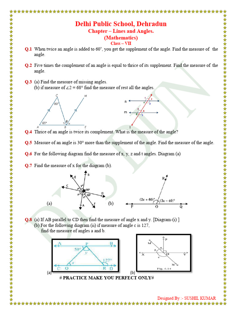 Class 7 Lines and Angles Worksheet | PDF