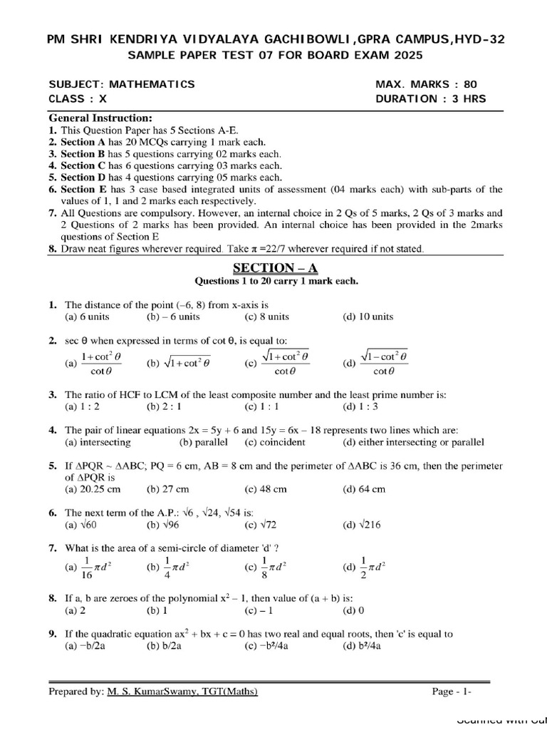 Maths Class X Sample Paper Test 07 For Board Exam 2025 QP | PDF