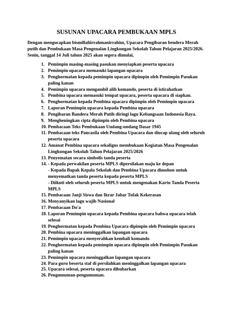 Susunan Upacara MPLS 2025/2026 | PDF