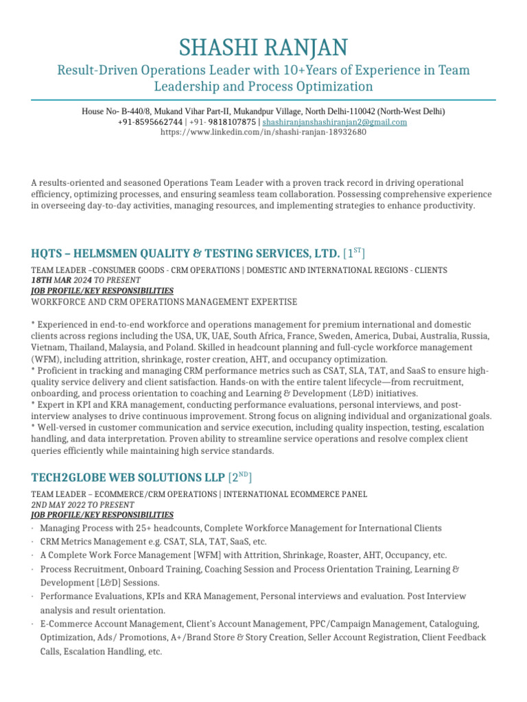 Shashi Ranjan: Operations Leadership Profile | PDF | Customer ...