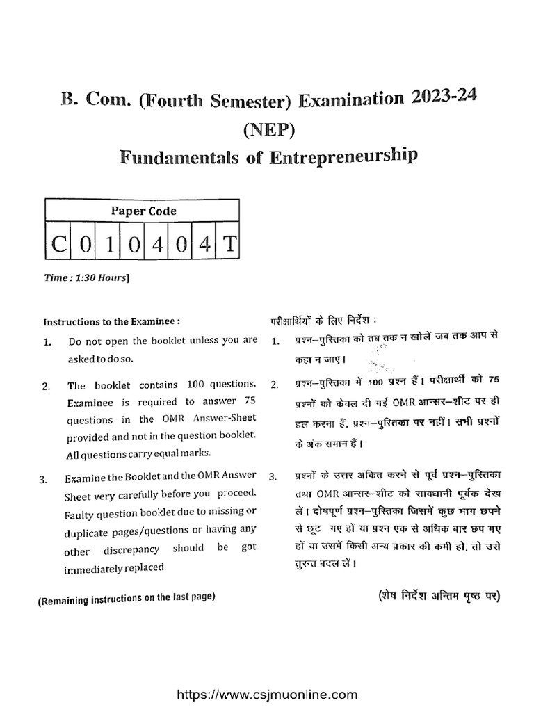 Bcom 4 Sem Fundamentals of Entrepreneurship c010404t 2024 | PDF