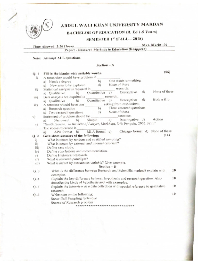 BEd 1 Past Papers (Research Methods in Education) | PDF