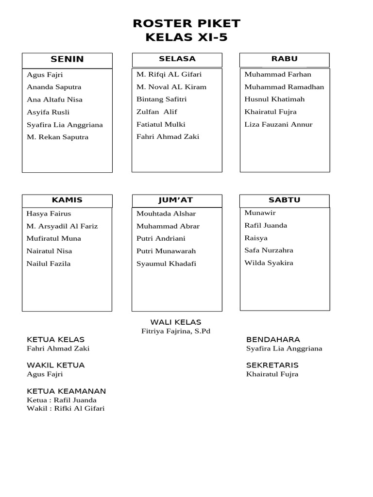 Roster Piket Kelas XI-5 | PDF
