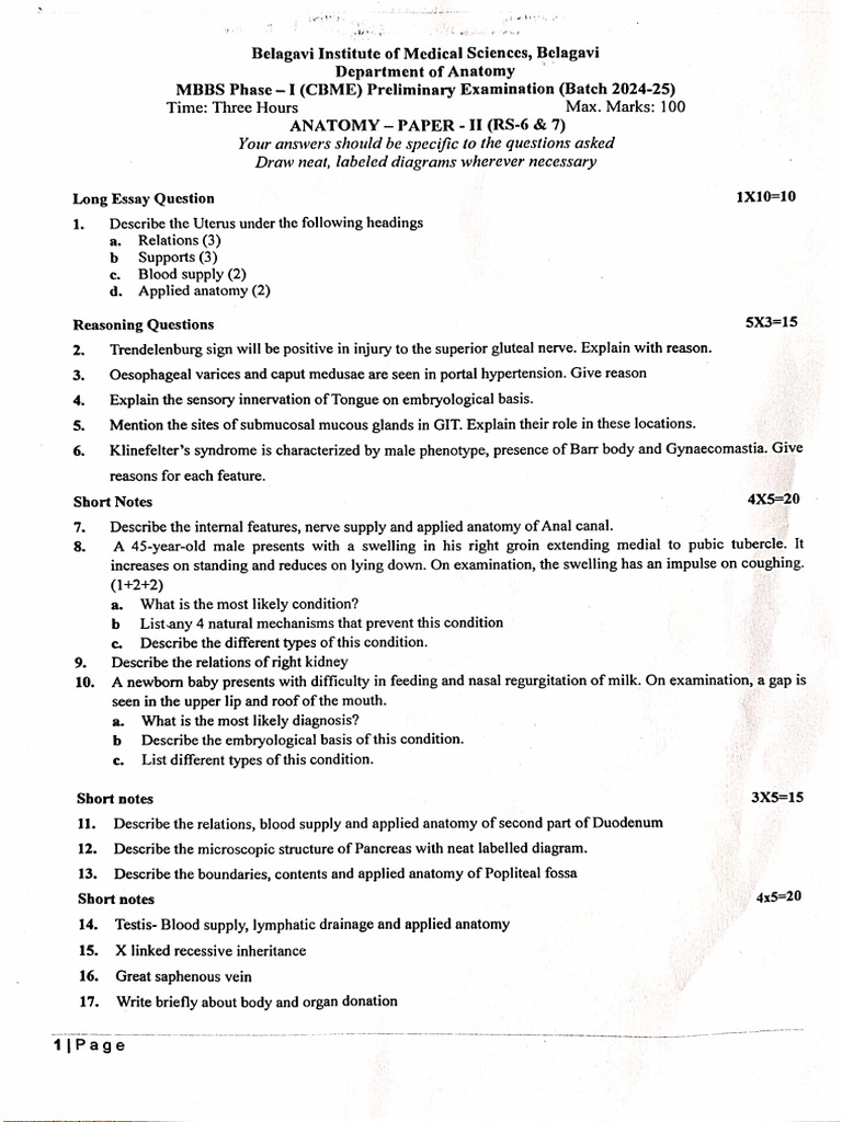 BIMS Anatomy Prelims Paper 2 | PDF