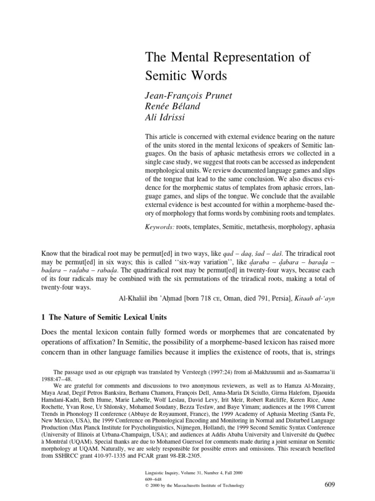 Mental Lexicon of Semitic Roots | PDF | Morphology (Linguistics) | Dyslexia