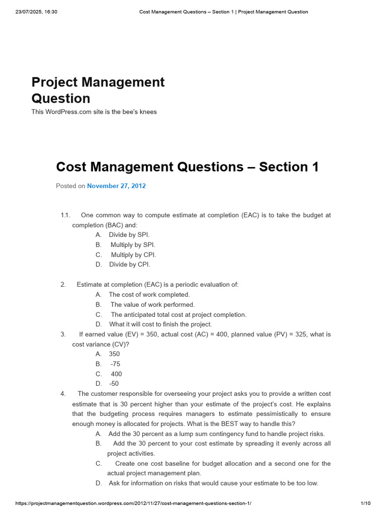 Cost Management Questions for Projects | PDF | Project Management ...