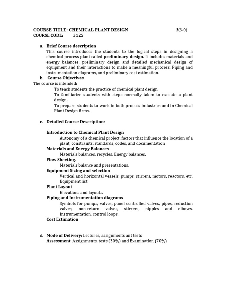 CH E 408: Chemical Plant Design Notes | PDF