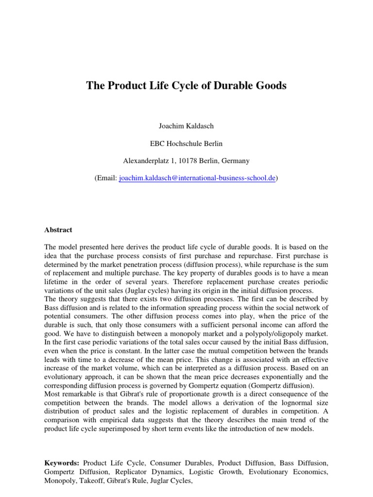 Product Life Cycle of Durable Goods | PDF | Monopoly | Diffusion
