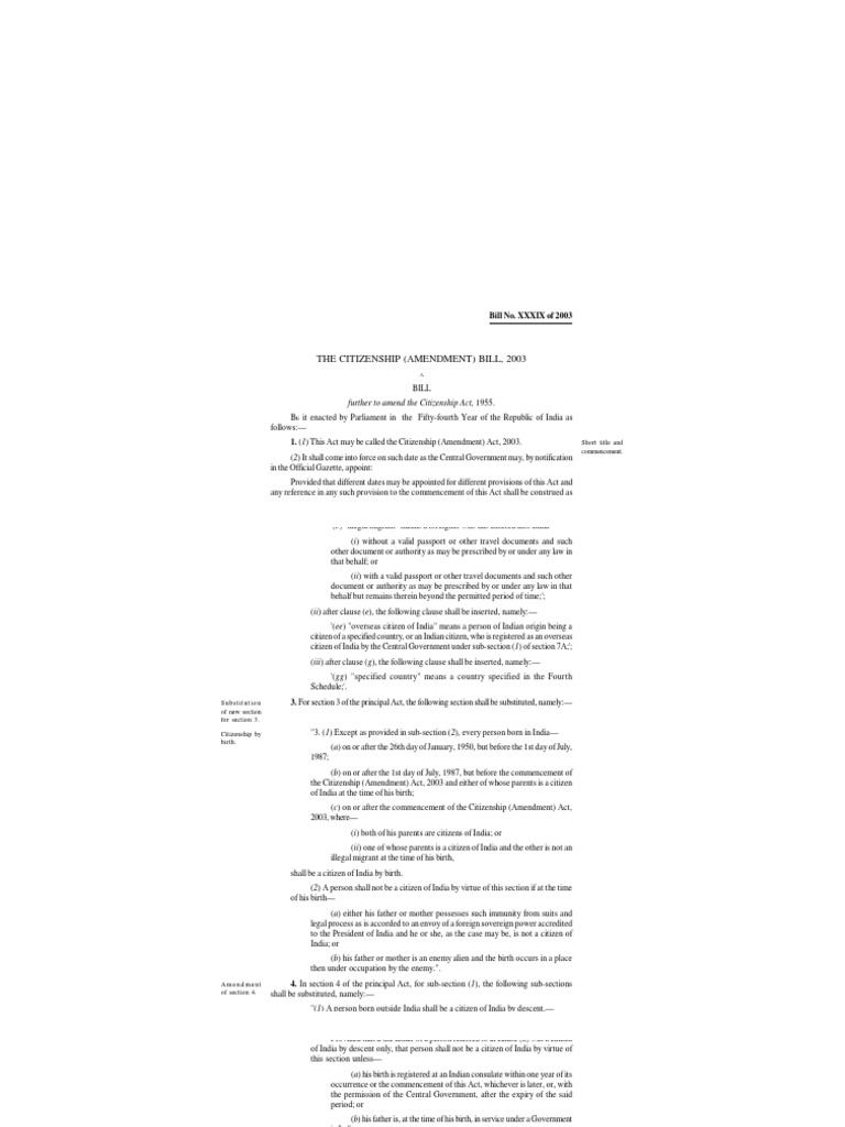 Citizenship Amendment Act 2003 Overview | PDF | Naturalization ...
