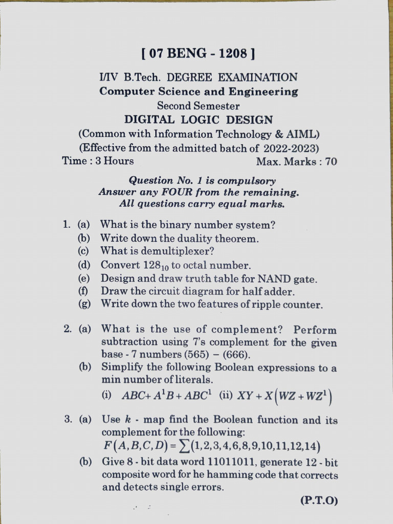 Digital Logic Design Exam Paper 2023 | PDF | Arithmetic | Digital ...