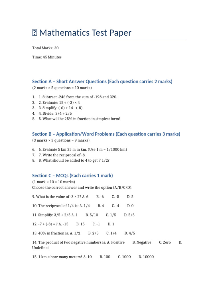 Math Test Paper 30 Marks | PDF