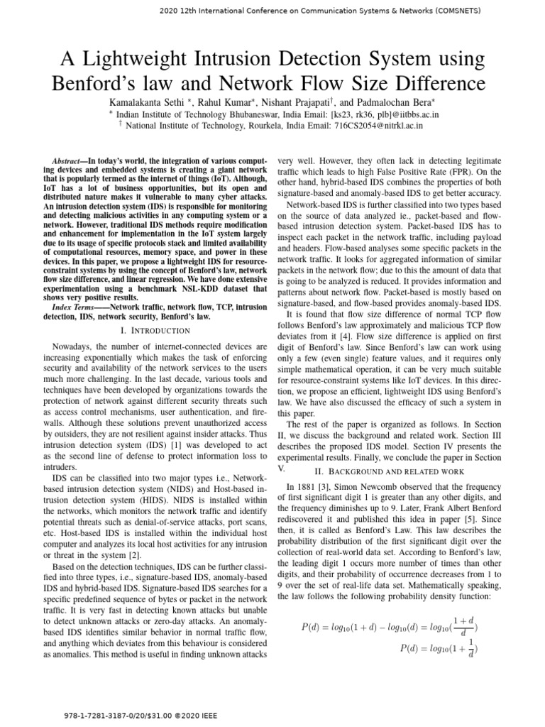 A Lightweight Intrusion Detection System Using Benfords Law and Network ...