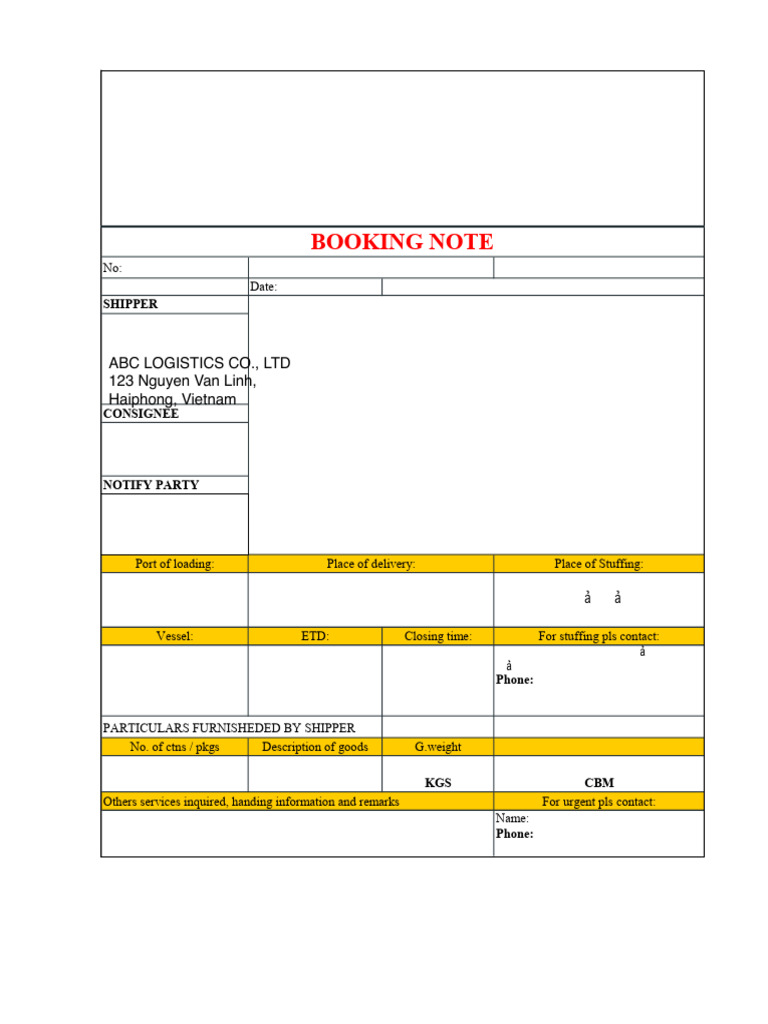 Ningbo Booking Note 100425-001 | PDF