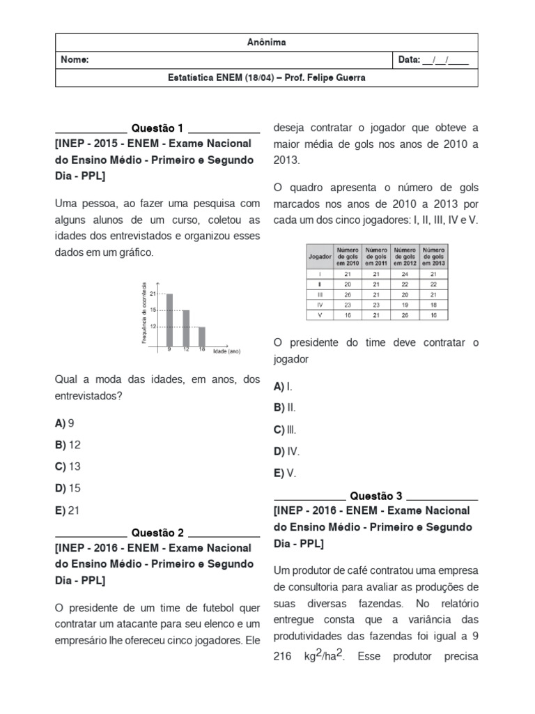 Questões de Estatística do ENEM | PDF | Índice de massa corporal ...