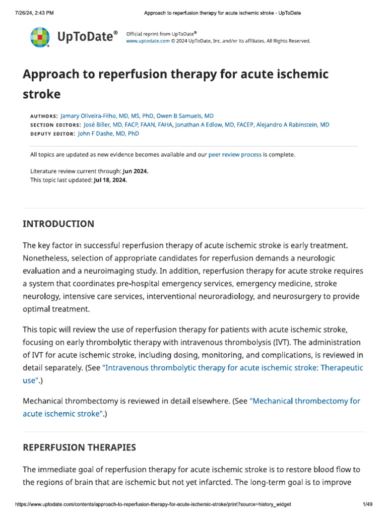 Approach To Reperfusion Therapy For Acute Ischemic Stroke | PDF