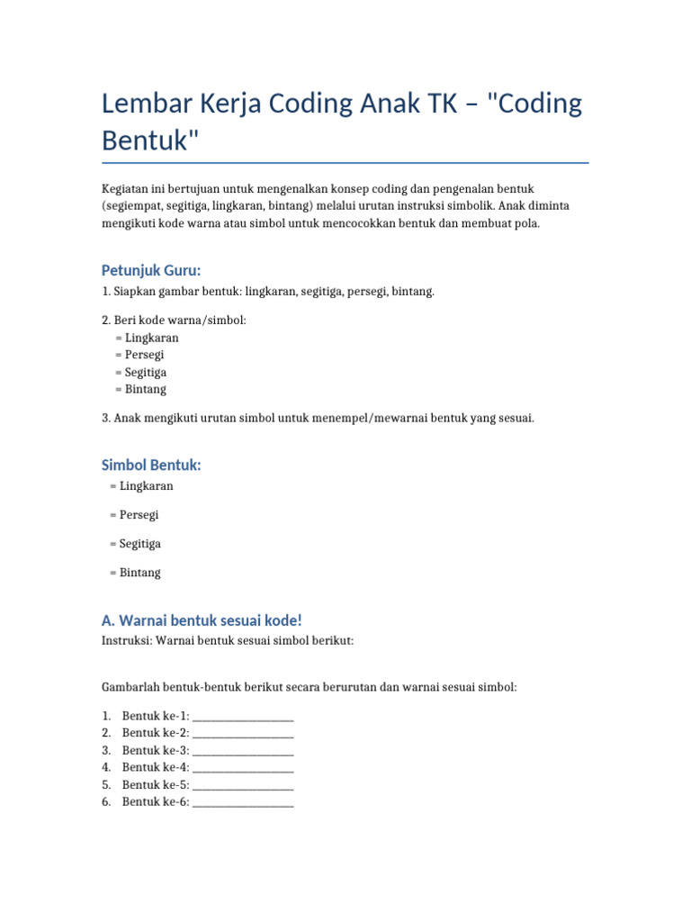 Lembar Kerja Coding Bentuk untuk TK | PDF