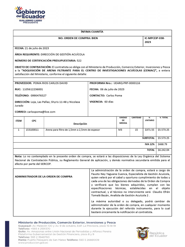 Orden de Compra: Arena Filtrante CENIAC | PDF | Multa (pena) | Presupuesto