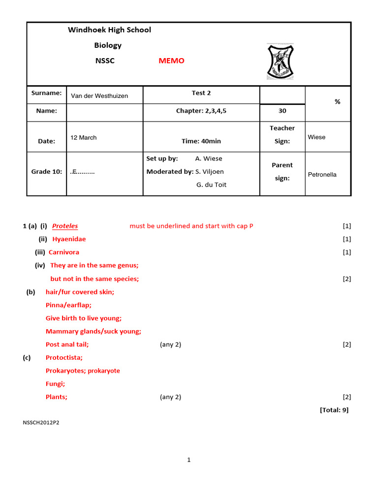 Grade 10 Biology Test 2 Memo | PDF | Cell (Biology) | Cell Nucleus