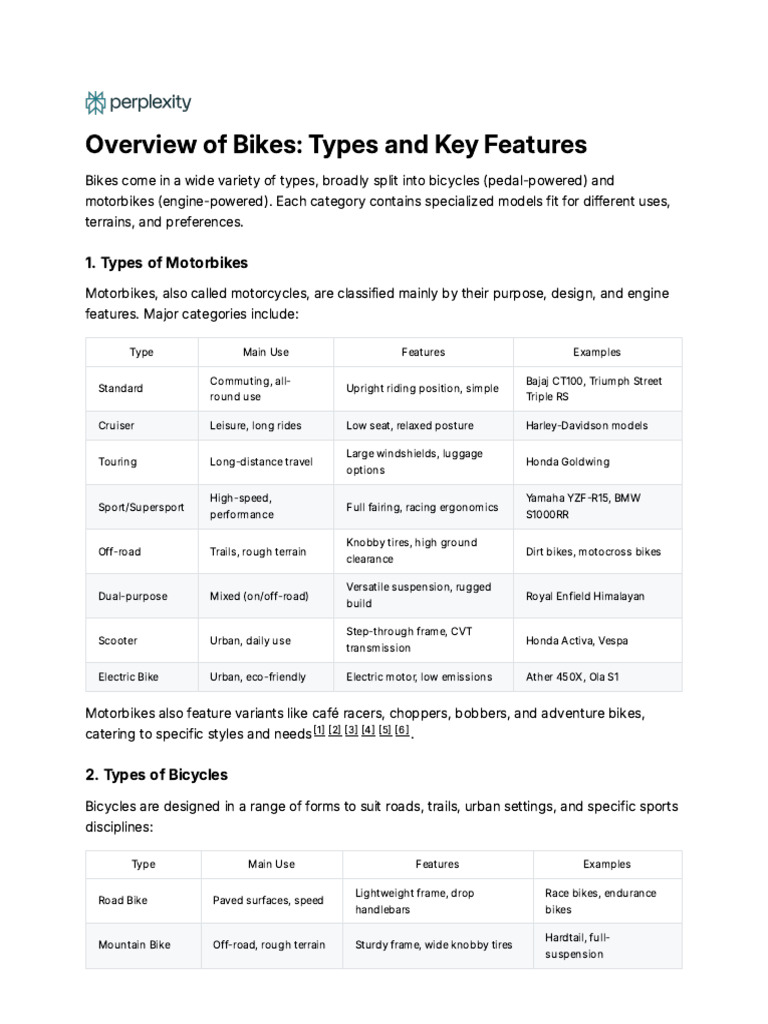 Overview of Bike Types and Features | PDF | Motorcycle | Motor Vehicle