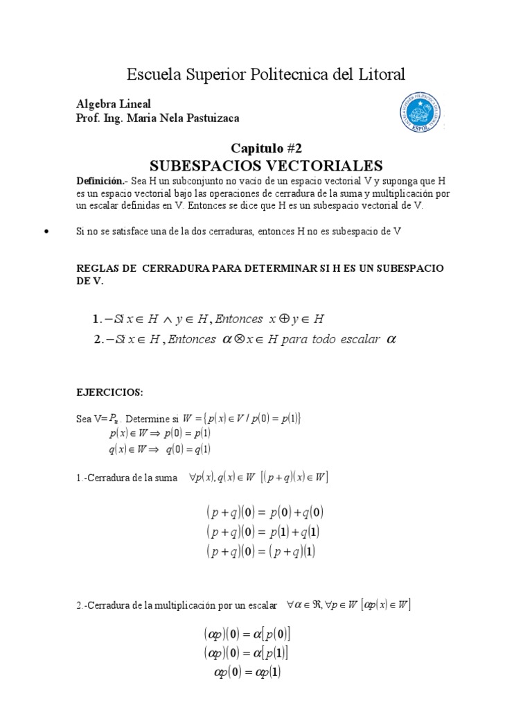 Cap 3 Subespacios Vectoriales Subespacio Lineal Escalar Matematicas